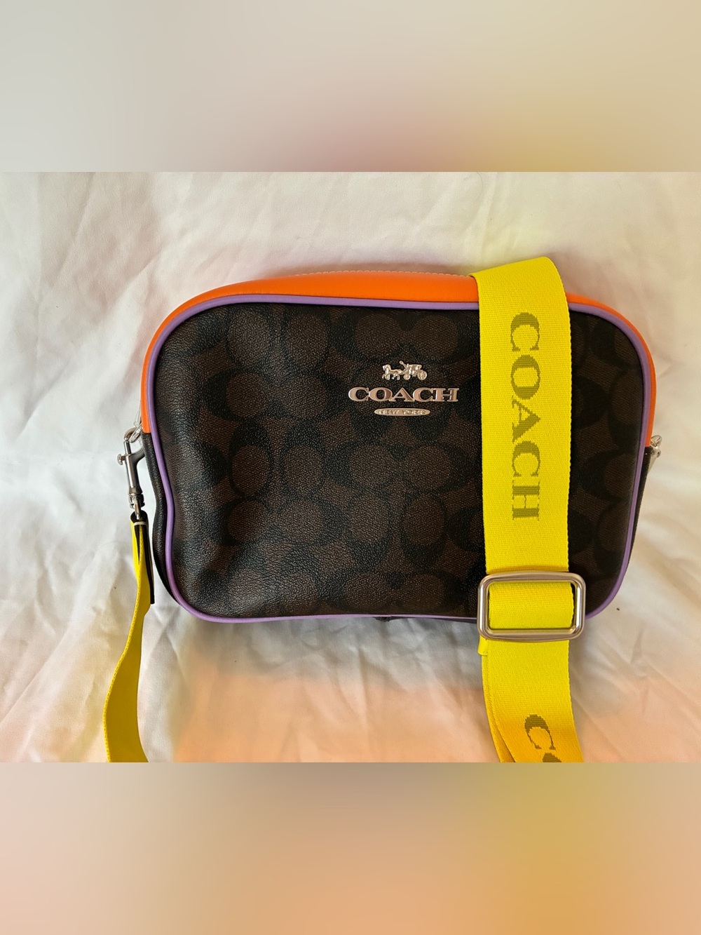 Coach Brown Signature Crossbody with Yellow Strap, Orange and Purple Trim